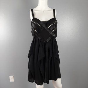 Ladakh Womens Fit and Flare Dress Size 6 Black Beaded Bodice Tiered Ruffled Zip